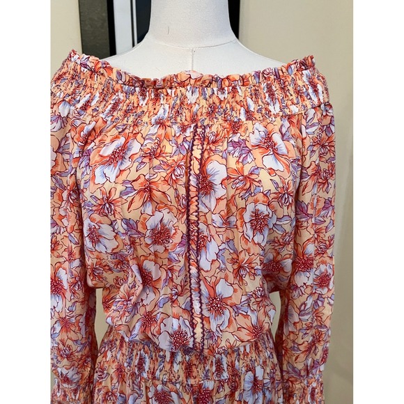 Poupette St Barth Anais Off The Shoulder Orange Floral Mini Dress Smocked Size M - Picture 5 of 8